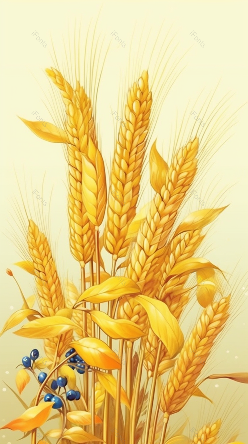 秋季一束蓝莓麦田稻谷麦穗丰收金色黄色插画,插画/手绘图,插画/手绘图库,插画/手绘图下载,插画/手绘